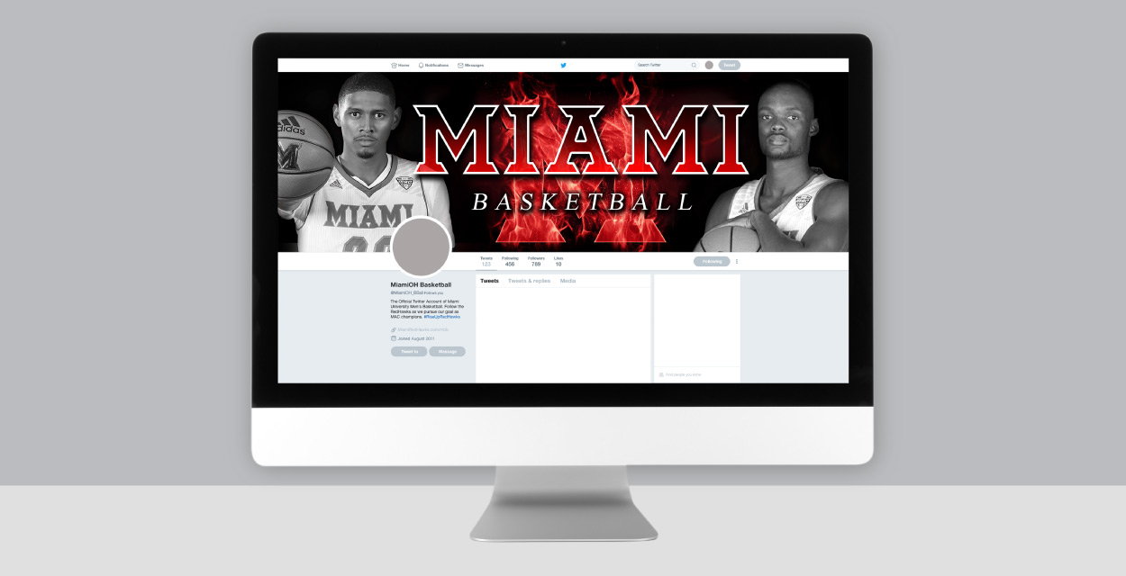 Digital mockup of Miami University men's basketball team Twitter header image, displayed on desktop computer screen.