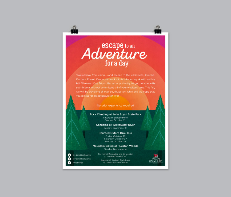 Escape to an adventure poster design, displayed as mockup of poster held up with binder clips.