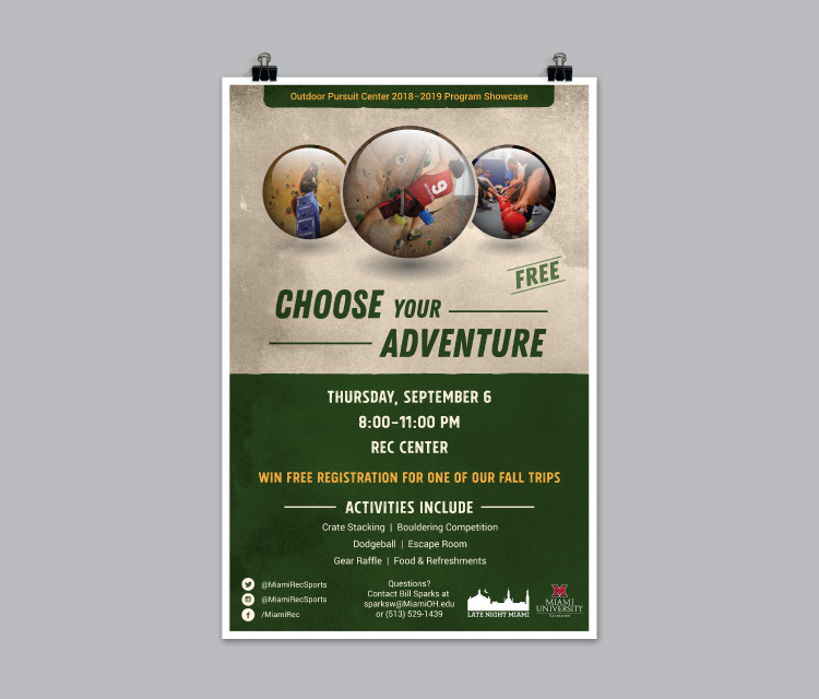 Choose your adventure poster design, displayed as mockup of poster held up with binder clips.