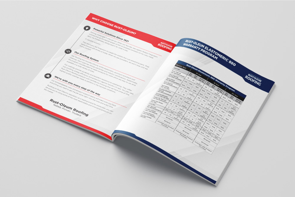 Digital 3d mockup of Rust-Oleum Roofing brochure inside spread.