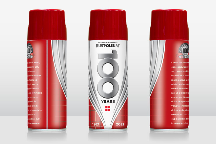 3d mockup of spray cans shown at different angles for Rust-Oleum 100th Anniversary commemorative can, version featuring swoops that represent spray paint and also a ship's hull.