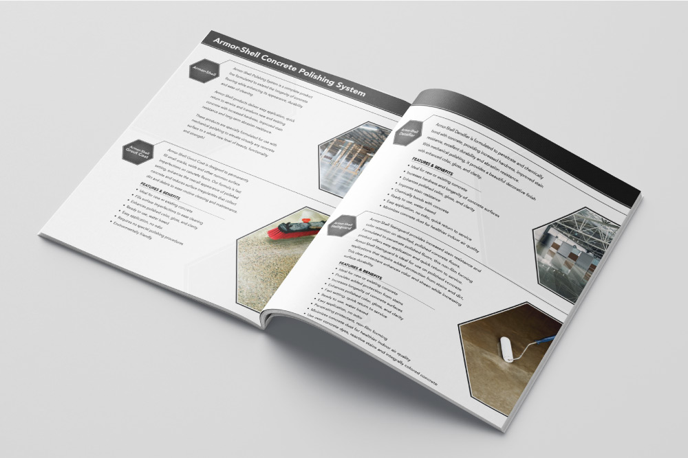 Digital 3d mockup of Seal-Krete brochure inside spread.